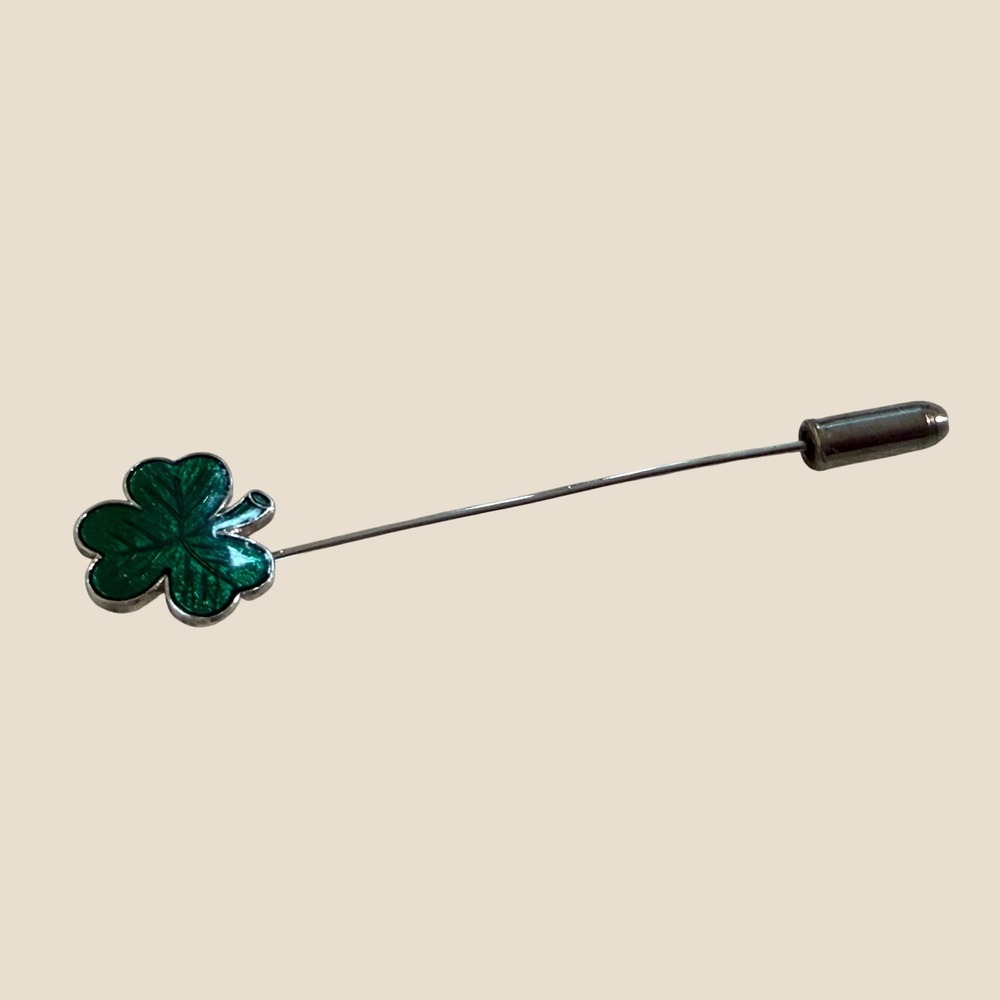 VTG Sterliing Silver Green Enamel Shamrock Stick Pin 2.5"  Irish Clover Lapel